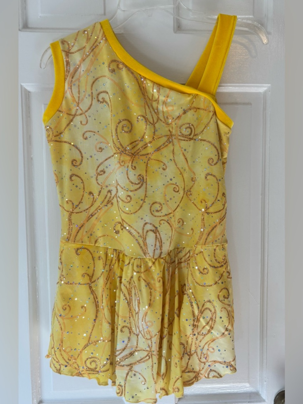 Girls Yellow One-Shoulder Sparkle Skater Dress